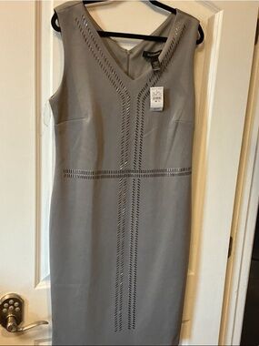 Ashley Stewart Gray Laser-Cut V-Neck Midi Sheath Dress